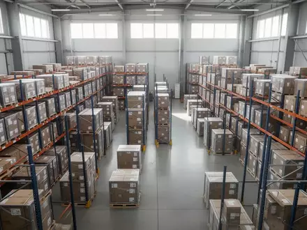 Ein modernes, aufgeräumtes Logistikzentrum mit ordentlich gestapelten Versandbehältern und Paletten in einer Lagerhalle. - Foto: über boerse-global.de