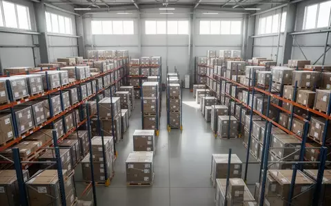 Ein modernes, aufgeräumtes Logistikzentrum mit ordentlich gestapelten Versandbehältern und Paletten in einer Lagerhalle. - Foto: über boerse-global.de