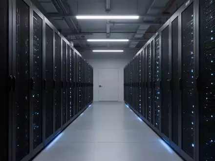 Ein modernes Serverzentrum mit schwarzen Serverschränken und dezenter blauer Beleuchtung. - Foto: über boerse-global.de