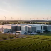 Modernes Rechenzentrum in einer ländlichen Umgebung mit Windkraftanlagen im Hintergrund bei Sonnenuntergang. - Foto: über boerse-global.de