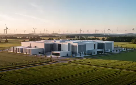 Modernes Rechenzentrum in einer ländlichen Umgebung mit Windkraftanlagen im Hintergrund bei Sonnenuntergang. - Foto: über boerse-global.de