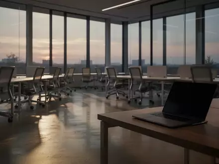 Ein modernes, leeres Büro mit minimalistischen Arbeitsplätzen und gedimmtem Licht, das eine ruhige Arbeitsatmosphäre vermittelt. - Foto: über boerse-global.de