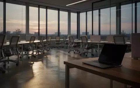 Ein modernes, leeres Büro mit minimalistischen Arbeitsplätzen und gedimmtem Licht, das eine ruhige Arbeitsatmosphäre vermittelt. - Foto: über boerse-global.de