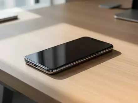 Ein modernes Smartphone liegt auf einem minimalistischen Holztisch in einem hellen Büro. - Foto: über boerse-global.de