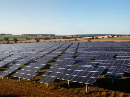 Weitläufiger Solarpark mit zahlreichen Photovoltaik-Modulen in einer ländlichen Umgebung unter blauem Himmel. - Foto: über boerse-global.de