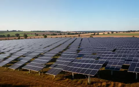 Weitläufiger Solarpark mit zahlreichen Photovoltaik-Modulen in einer ländlichen Umgebung unter blauem Himmel. - Foto: über boerse-global.de