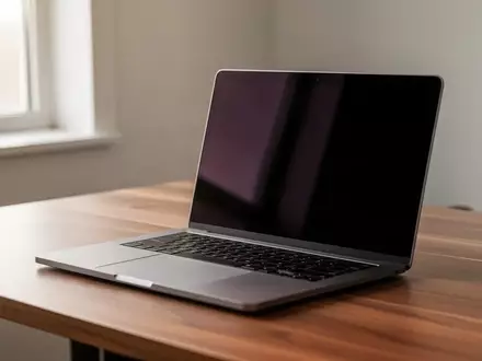 Ein moderner Laptop auf einem hölzernen Schreibtisch in einem hellen Büro, der Bildschirm ist dunkel. - Foto: über boerse-global.de