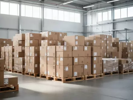 Gestapelte Versandkartons auf Holzpaletten in einem modernen Logistikzentrum. - Foto: über boerse-global.de