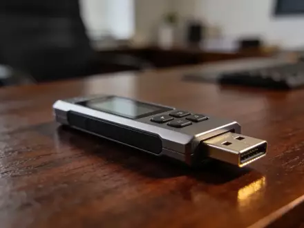Ein Hardware-Wallet für Kryptowährungen liegt auf einem dunklen Schreibtisch in einem professionellen Büro. - Foto: über boerse-global.de