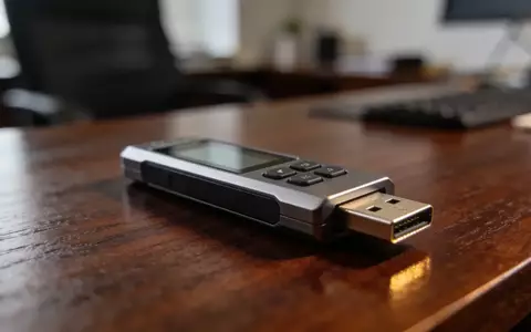 Ein Hardware-Wallet für Kryptowährungen liegt auf einem dunklen Schreibtisch in einem professionellen Büro. - Foto: über boerse-global.de