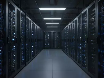 Ein dunkler Serverraum mit leuchtenden blauen Status-LEDs an modernen Hochleistungsservern. - Foto: über boerse-global.de
