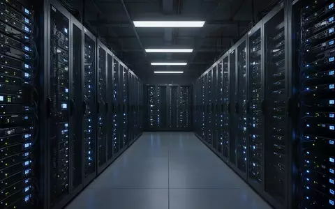 Ein dunkler Serverraum mit leuchtenden blauen Status-LEDs an modernen Hochleistungsservern. - Foto: über boerse-global.de