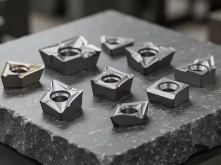 Nahaufnahme von industriellen Wolframkarbid-EinsĂ€tzen auf einer dunklen SteinoberflĂ€che in einer Fabrikumgebung. - Foto: ĂŒber boerse-global.de