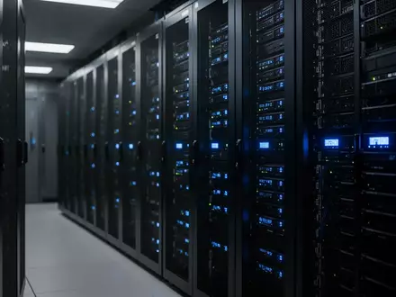 Dunkler Serverraum mit leuchtenden blauen Status-LEDs an den Server-Racks. - Foto: über boerse-global.de
