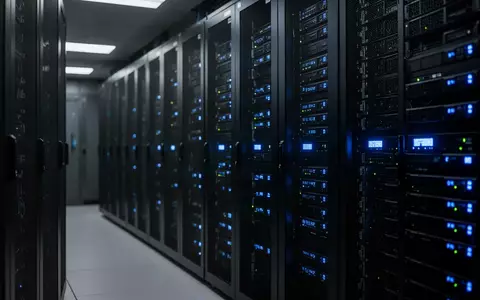 Dunkler Serverraum mit leuchtenden blauen Status-LEDs an den Server-Racks. - Foto: über boerse-global.de