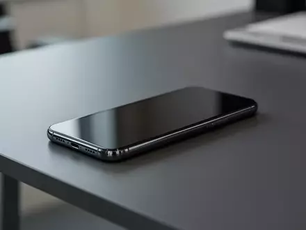 Ein modernes Smartphone liegt auf einem dunklen Schreibtisch, der Bildschirm ist dunkel und reflektiert das Umgebungslicht. - Foto: über boerse-global.de