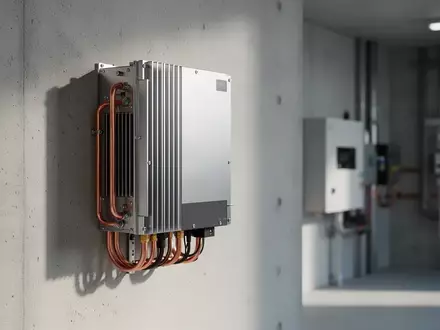 Ein moderner Hybrid-Wechselrichter montiert an einer hellen Betonwand in einem technischen Versorgungsraum. - Foto: über boerse-global.de