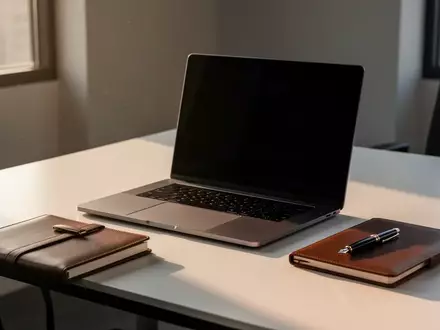 Ein minimalistischer Schreibtisch mit einem Laptop, einem Notizbuch und einem Füllfederhalter bei natürlichem Licht. - Foto: über boerse-global.de
