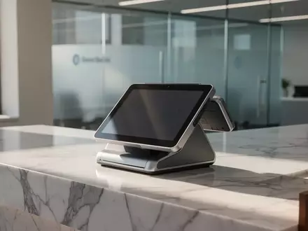 Ein modernes Point-of-Sale-Terminal auf einem eleganten Banktresen vor einem verschwommenen Hintergrund. - Foto: über boerse-global.de