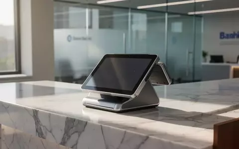 Ein modernes Point-of-Sale-Terminal auf einem eleganten Banktresen vor einem verschwommenen Hintergrund. - Foto: über boerse-global.de