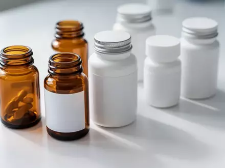 Mehrere leere Pillendosen und Nahrungsergänzungsmittel auf einer sauberen, weißen Laboroberfläche. - Foto: über boerse-global.de