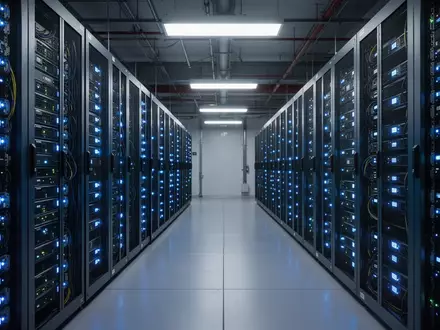 Reihen von Server-Racks in einem modernen Rechenzentrum mit blauen Statusleuchten. - Foto: über boerse-global.de