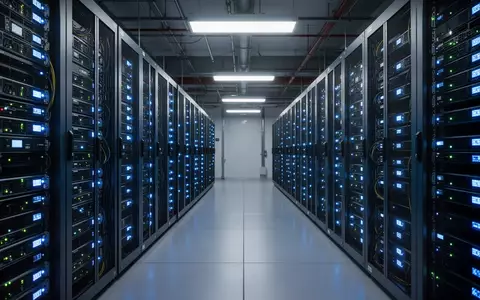 Reihen von Server-Racks in einem modernen Rechenzentrum mit blauen Statusleuchten. - Foto: über boerse-global.de
