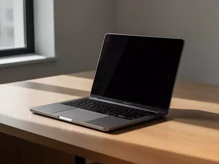 Ein moderner, minimalistischer Arbeitsplatz mit einem Laptop auf einem Holztisch bei natürlichem Licht. - Foto: über boerse-global.de