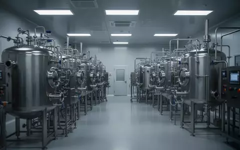 Leere, hochmoderne Produktionsanlagen in einer pharmazeutischen Fabrik mit Edelstahltanks und steriler Umgebung. - Foto: über boerse-global.de