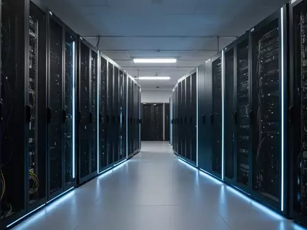 Moderne, minimalistische Serverräume mit blau beleuchteten Rack-Schränken in einem professionellen Rechenzentrum. - Foto: über boerse-global.de