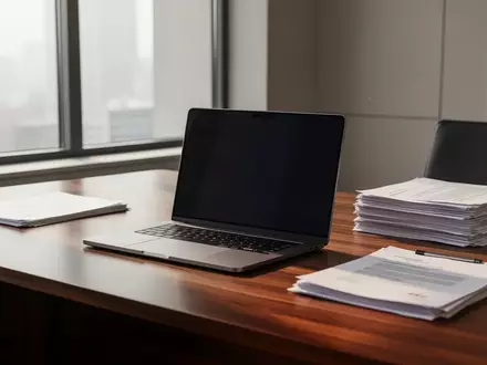 Ein minimalistischer Schreibtisch in einer Anwaltskanzlei mit einem Laptop und geordneten juristischen Dokumenten. - Foto: über boerse-global.de