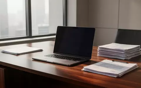 Ein minimalistischer Schreibtisch in einer Anwaltskanzlei mit einem Laptop und geordneten juristischen Dokumenten. - Foto: über boerse-global.de
