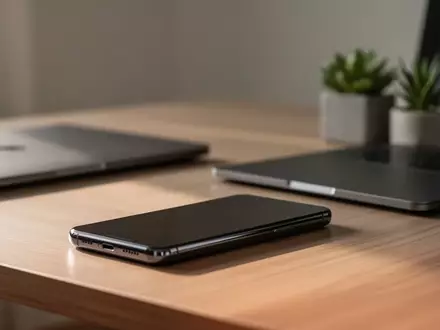 Ein modernes Smartphone mit ausgeschaltetem, dunklem Display auf einem minimalistischen Schreibtisch. - Foto: über boerse-global.de