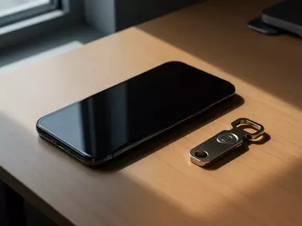 Ein Smartphone mit schwarzem Bildschirm und ein Sicherheitstoken liegen auf einem minimalistischen Schreibtisch. - Foto: über boerse-global.de