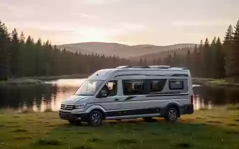 Moderner Campingbus geparkt auf einer Wiese vor einem Seeufer in einer hügeligen Landschaft bei Sonnenaufgang. - Foto: über boerse-global.de