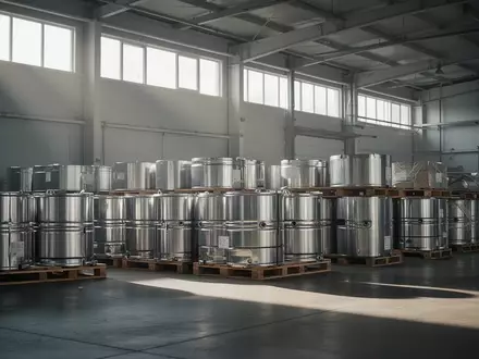 Industrielle Lagerhalle mit gestapelten Metallrohstoffbehältern auf Paletten in einer Lagerumgebung. - Foto: über boerse-global.de