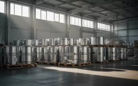 Industrielle Lagerhalle mit gestapelten Metallrohstoffbehältern auf Paletten in einer Lagerumgebung. - Foto: über boerse-global.de