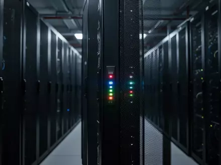 Reihen von dunklen Server-Racks in einem modernen Rechenzentrum mit blinkenden Status-LEDs. - Foto: über boerse-global.de