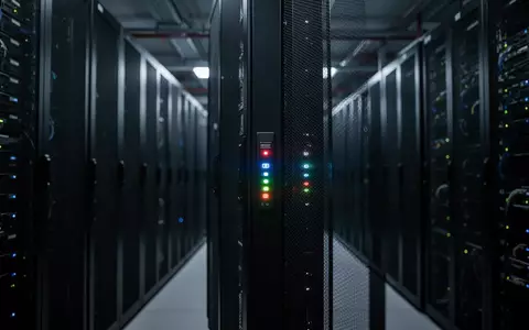 Reihen von dunklen Server-Racks in einem modernen Rechenzentrum mit blinkenden Status-LEDs. - Foto: über boerse-global.de