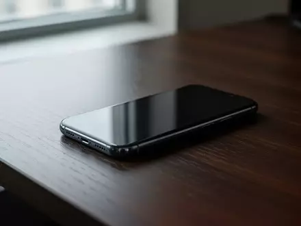 Ein Smartphone liegt dunkel auf einem hölzernen Schreibtisch, symbolisch für die Gefahr digitaler Betrugsmaschen. - Foto: über boerse-global.de