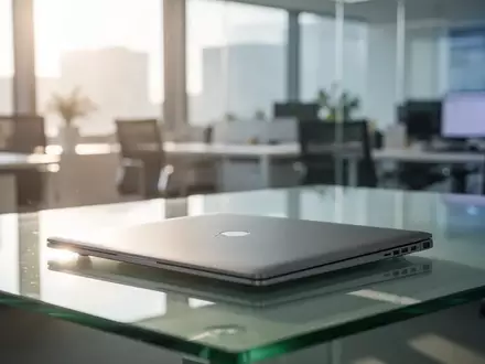 Ein geschlossener, moderner Business-Laptop auf einem minimalistischen Schreibtisch in einem hellen Bürogebäude. - Foto: über boerse-global.de
