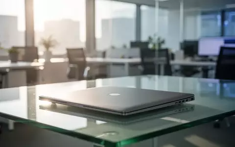 Ein geschlossener, moderner Business-Laptop auf einem minimalistischen Schreibtisch in einem hellen Bürogebäude. - Foto: über boerse-global.de