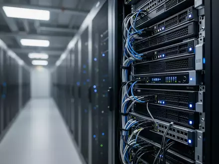 Ein professionelles Server-Rack in einem modernen Rechenzentrum mit blauer Statusbeleuchtung. - Foto: über boerse-global.de