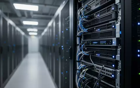 Ein professionelles Server-Rack in einem modernen Rechenzentrum mit blauer Statusbeleuchtung. - Foto: über boerse-global.de