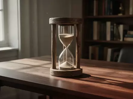 Eine Sanduhr auf einem dunklen Holztisch in einem ruhigen Arbeitszimmer, die das Verstreichen der Zeit symbolisiert. - Foto: über boerse-global.de