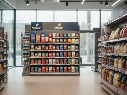 Ein Tchibo-Verkaufsregal in einem aufgeräumten Supermarktgang mit Fokus auf die Produktpräsentation. - Foto: über boerse-global.de