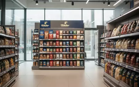 Ein Tchibo-Verkaufsregal in einem aufgeräumten Supermarktgang mit Fokus auf die Produktpräsentation. - Foto: über boerse-global.de