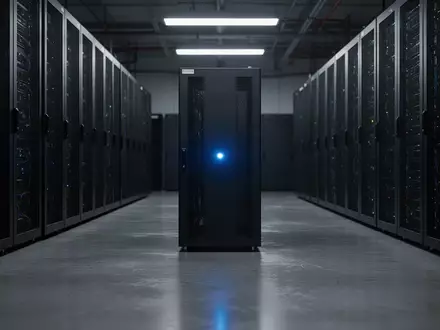 Ein schwach beleuchteter Serverraum mit dunklen Hardware-Racks und einem einzelnen leuchtend blauen Statuslicht. - Foto: über boerse-global.de