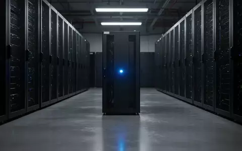 Ein schwach beleuchteter Serverraum mit dunklen Hardware-Racks und einem einzelnen leuchtend blauen Statuslicht. - Foto: über boerse-global.de