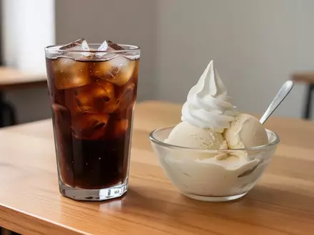 Zwei verschiedene Varianten von Eiskaffee auf einem Holztisch: Ein Glas mit Eiskaffee und ein Dessert mit Vanilleeis. - Foto: über boerse-global.de
